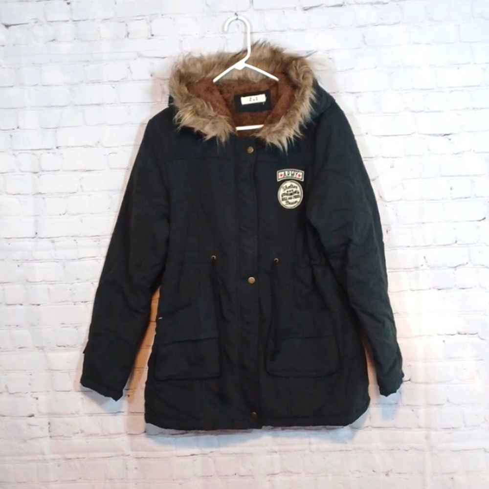 Z&I Y2K Black Out Door Brown Fur Lined Jacket Coat Hooded  Packable S